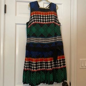 Trina Turk silk dress, tie at waist, multi color